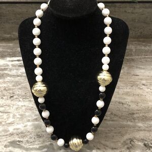 Vintage Black And White Beaded Necklace With Gold Tone Accent Beads